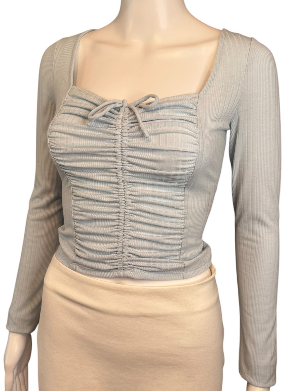 Guess Light Gray Ruched Square-Neck Long Sleeve Top